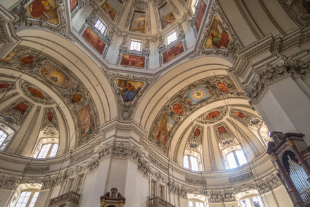 SALZBURG, AUSTRIA - SEPTEMBER 13, 2016 : Interior dome view of Salzburg Cathedral known as Salzburg...