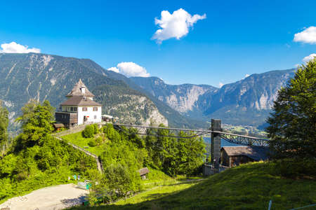 HALLSTATT, AUSTRIA - SEPTEMBER 14, 2016 : Alp mountains view from Saslzberg (Salt Mountain) above touristic Hallstatt village in Salzkammergut, Austria.のeditorial素材