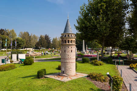 KLAGENFURT, AUSTRIA - SEPTEMBER 15, 2016 : Galata Tower in Turkey, Minimundus most popular attractions parks of Carinthia. Minimundus was opened in 1959 and have miniature world sights in.のeditorial素材