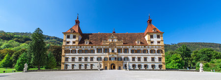 Panoramic view of Eggenberg Palace and garden in Graz, Styria region of Austria.