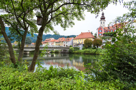 FROHNLEITEN, AUSTRIA - SEPTEMBER 16, 2016 : Old town view of small city Frohnleiten near Mur River...