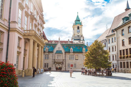 BRATISLAVA, SLOVAKIA - SEPTEMBER 17, 2016 : Historical streets of Bratislava with small tiny houses on cloudy sky background.のeditorial素材