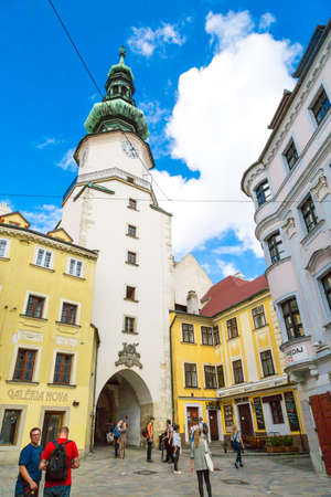 BRATISLAVA, SLOVAKIA - SEPTEMBER 17, 2016 : Historical clock tower of Bratislava, famous Saint Michael Gate which is the only city gate preserved from medieval time.のeditorial素材