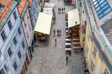 BRATISLAVA, SLOVAKIA - SEPTEMBER 17, 2016 : Panoramic cityscape view of old town of Bratislava from historical clock tower, St. Micheal Gate which is the only city gate preserved from medieval time.のeditorial素材