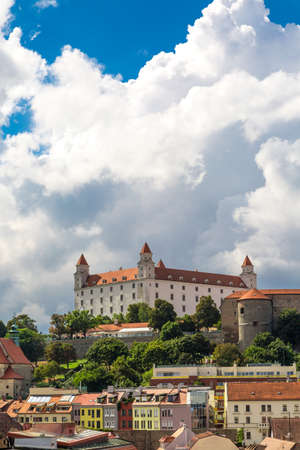 BRATISLAVA, SLOVAKIA - SEPTEMBER 17, 2016 : Panoramic cityscape view of old town of Bratislava from historical clock tower, St. Micheal Gate which is the only city gate preserved from medieval time.のeditorial素材