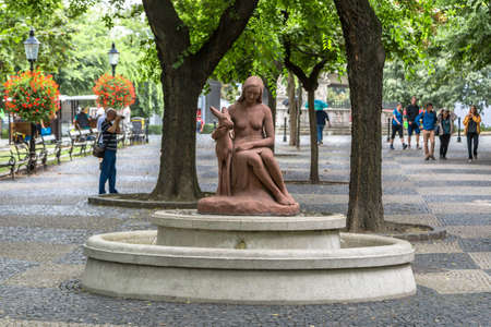BRATISLAVA, SLOVAKIA - SEPTEMBER 17, 2016 : Street sculpture in city Bratislava. City is touristic, political and cultural center of Slovakia.のeditorial素材