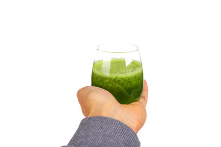 Healthy drink concept, delicious green tea beverage win bowl, isolated on white background.
