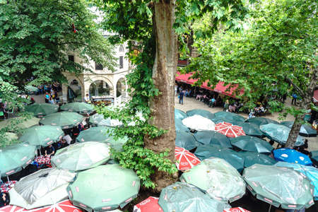 BURSA, TURKEY - JUNE 23, 2018 : View of Koza Han, historical bazaar (caravanserai) in Bursa and built in 1491 where you can find silk shops.のeditorial素材