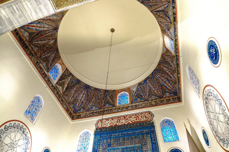 BURSA, TURKEY - JUNE 23, 2018 : Close up view of Bursa Green Mosque. It is famous with its Islamic art tiles in blue green color.のeditorial素材