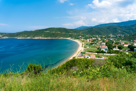 Scenic view of blue and green landscape. KapÄ±dag Peninsula Erdek, sea coast of Marmara Sea,...