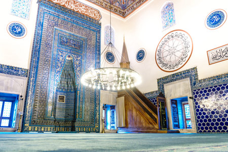 BURSA, TURKEY - JUNE 23, 2018 : Close up view of Bursa Green Mosque. It is famous with its Islamic...