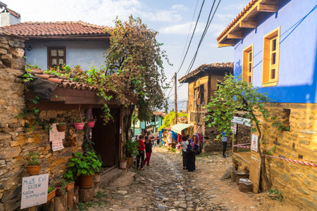 BURSA, TURKEY - SEPTEMBER 01, 2018 : 700 years old Ottoman village Cumalikizik. It is popular with small tiny wooden and traditional houses and shops around cobblestone streets.のeditorial素材