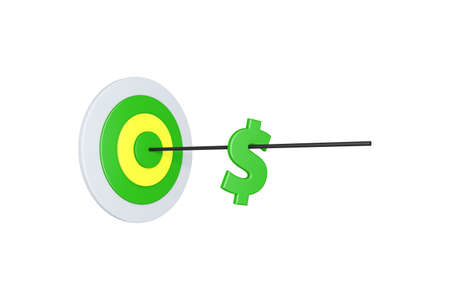 3d rendering of finance concept with arrow, aim target and dollar sign, isolated on white background.の写真素材