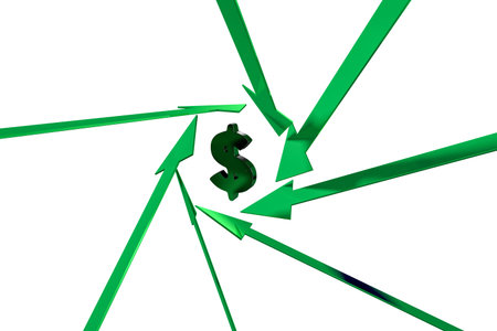 3D rendering of finance and business concept with dollar sign and green arrow, isolated on white...