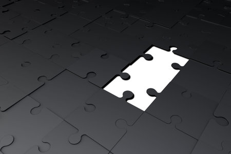 3d illustration and rendering of dark black jigsaw puzzle pieces with white blank for your text.