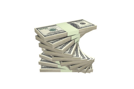3d rendering, stack of one hundred dollar banknotes, isolated on white background.