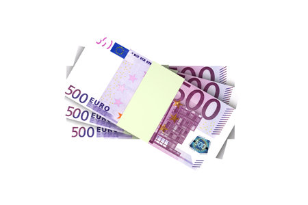 3d rendering, stack of five hundred euro banknotes, top view, isolated on white background.