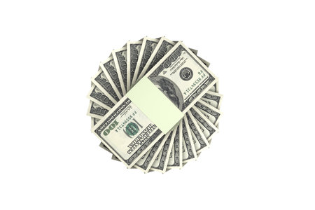 3d rendering, stack of one hundred dollar banknotes, top view, isolated on white background.