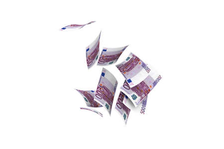 3d rendering, rain concept, five hundred euro banknotes flying and dropping, isolated on white background.の写真素材
