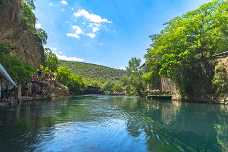 BLAGAJ, BOSNIA - AUGUST 4, 2019 : Buna River near Blagaj Tekija house. Blagaj is popular destination in Bosnia.のeditorial素材