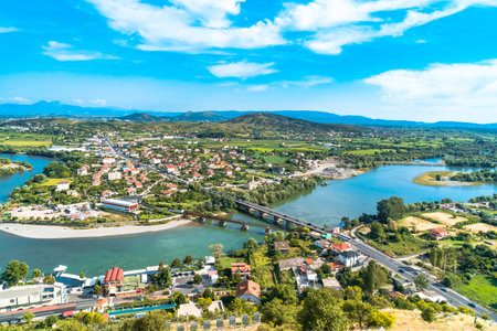 Aerial panoramic view of Rozafa Castle fortress in Shkoder, Albania.