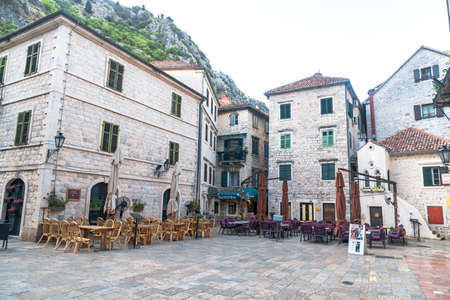 KOTOR, MONTENEGRO - AUGUST 5, 2019 : Historical buildings and castle. Old town is popular touristic place in Kotor.のeditorial素材