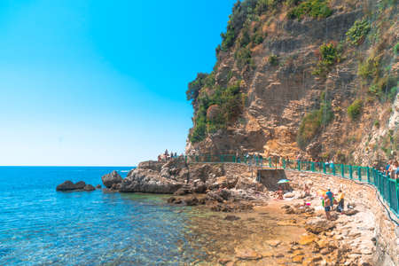 BUDVA, MONTENEGRO - AUGUST 5, 2019 : Panoramic view of Mogren Beach in Budva. Most popular beach on Budva Riviera.のeditorial素材
