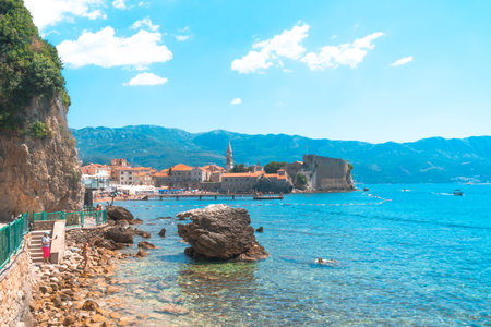 BUDVA, MONTENEGRO - AUGUST 5, 2019 : Old town Budva, Montenegro, Budva has oldest settlements citadel ancient walls near Balkan mountains and Adriatic Sea.のeditorial素材