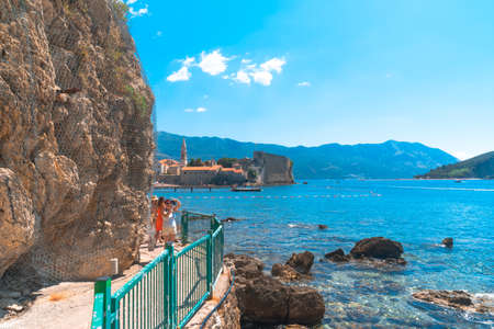 BUDVA, MONTENEGRO - AUGUST 5, 2019 : Old town Budva, Montenegro, Budva has oldest settlements citadel ancient walls near Balkan mountains and Adriatic Sea.のeditorial素材