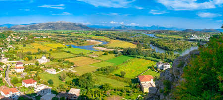 Aerial panoramic view of Rozafa Castle fortress in Shkoder, Albania.のeditorial素材