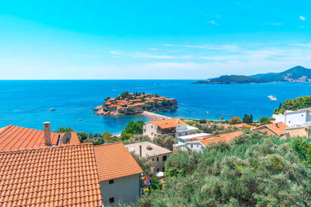 Panoramic view of Sveti Stefan Island in Budva, Montenegro. Luxury popular place in summar dayのeditorial素材