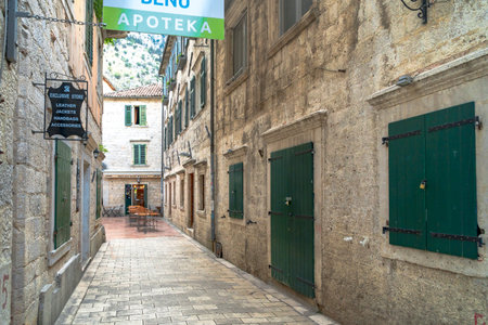 KOTOR, MONTENEGRO - AUGUST 5, 2019 : Historical buildings and castle. Old town is popular touristic place in Kotor.のeditorial素材