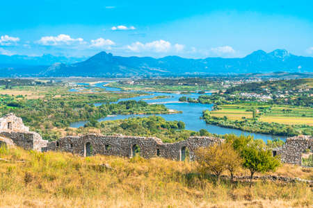 Aerial panoramic view of Rozafa Castle fortress in Shkoder, Albania.