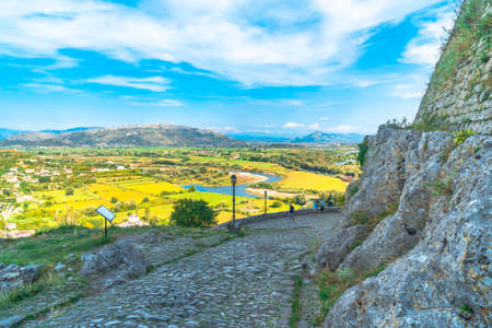 Aerial panoramic view of Rozafa Castle fortress in Shkoder, Albania.のeditorial素材