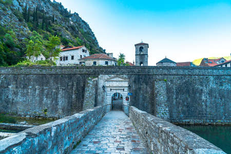 KOTOR, MONTENEGRO - AUGUST 5, 2019 : Historical buildings and castle. Old town is popular touristic place in Kotor.のeditorial素材