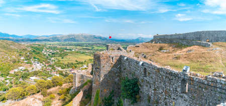 Aerial panoramic view of Rozafa Castle fortress in Shkoder, Albania.のeditorial素材