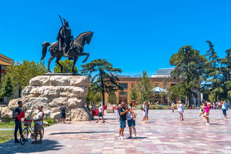 TIRANA, ALBANIA - AUGUST 6, 2019 : Skanderbeg monument and sculpture on Skanderbeg Square. This is in capital of Albania.のeditorial素材