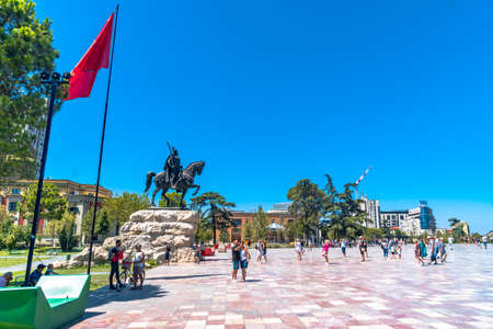 TIRANA, ALBANIA - AUGUST 6, 2019 : Skanderbeg monument and sculpture on Skanderbeg Square. This is in capital of Albania.のeditorial素材