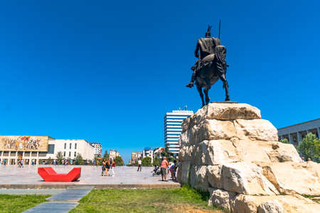 TIRANA, ALBANIA - AUGUST 6, 2019 : Skanderbeg monument and sculpture on Skanderbeg Square. This is in capital of Albania.のeditorial素材