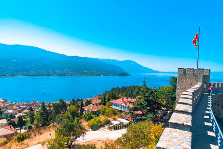 OHRID, MACEDONIA - AUGUST 7, 2019 : Panoramic view of Ohrid from Samuel's Fortress in Republic of Macedonia. Ohrid is in UNESCO World Heritage by lake.のeditorial素材
