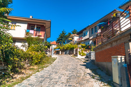 OHRID, MACEDONIA - AUGUST 7, 2019 : View of the buildings in Ohrid streets in Republic of Macedonia....