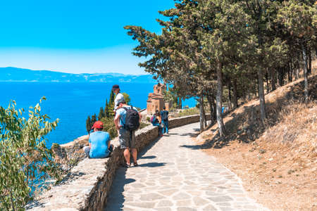 OHRID, MACEDONIA - AUGUST 7, 2019 : View of Saint John at Kaneo. It is Macedonian Orthodox Church near Lake Ohrid.のeditorial素材