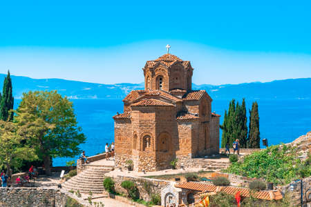 OHRID, MACEDONIA - AUGUST 7, 2019 : View of Saint John at Kaneo. It is Macedonian Orthodox Church near Lake Ohrid.のeditorial素材