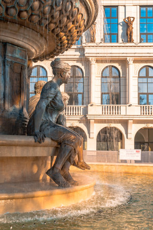 SKOPJE, NORTH MACEDONIA - AUGUST 7, 2019 : City center of Skopje with sculptures and buildings. Skopje is capital city of Macedonia, Fyrom.のeditorial素材