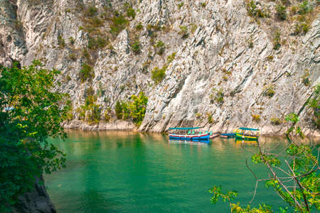 SKOPJE, MACEDONIA - AUGUST 8, 2019 : View of Matka Canyon. Most beautiful with boat tours touristic attraction near Skopje.のeditorial素材