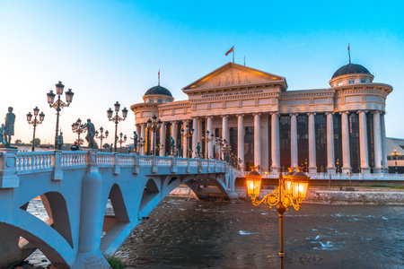 SKOPJE, NORTH MACEDONIA - AUGUST 7, 2019 : City center of Skopje with sculptures and buildings....