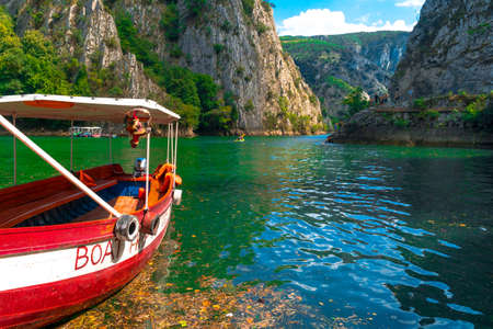 SKOPJE, MACEDONIA - AUGUST 8, 2019 : View of Matka Canyon. Most beautiful with boat tours touristic attraction near Skopje.のeditorial素材