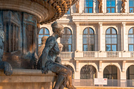 SKOPJE, NORTH MACEDONIA - AUGUST 7, 2019 : City center of Skopje with sculptures and buildings. Skopje is capital city of Macedonia, Fyrom.のeditorial素材