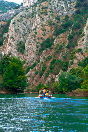 SKOPJE, MACEDONIA - AUGUST 8, 2019 : View of Matka Canyon. Most beautiful with boat tours touristic attraction near Skopje.のeditorial素材