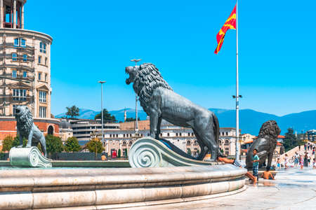 SKOPJE, NORTH MACEDONIA - AUGUST 8, 2019 : City center of Skopje with sculptures and buildings. Skopje is capital city of Macedonia, Fyrom.のeditorial素材
